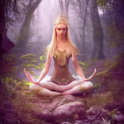 Prompt: elven princess meditating in forest, digital art, trending on artstation, ultra detailed, intricate, sacred geometry, serene, beautiful, photo, realistic, perfect, smooth, 8k