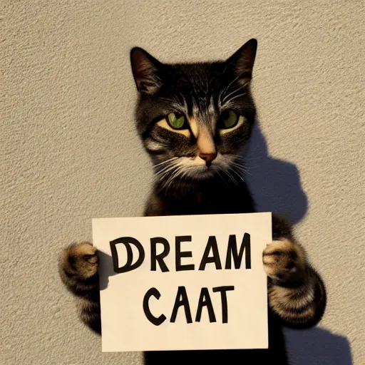 Prompt: realistic high quality photo of a cute cat holding a sign with text that reads : dream, cat, cas, cat cat dreamcats, cats, cas, cas, catss, cats, catscatscats, cats