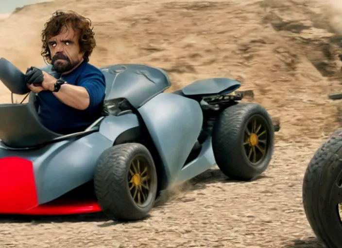 Image similar to peter dinklage driving a little tikes car, racing vin diesel, movie still, explosions in the background, from the new fast and furious movie, 8 k, realistic