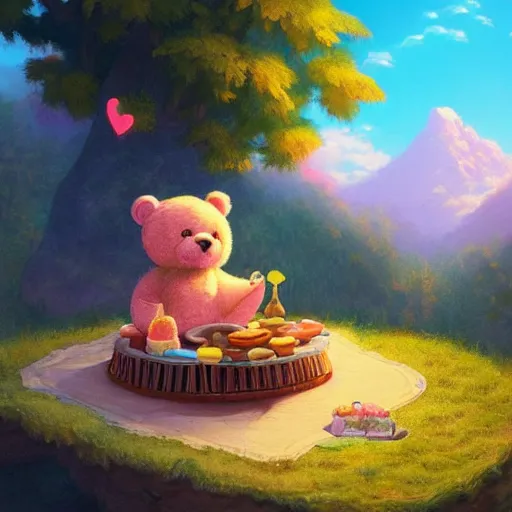 Prompt: a beautiful digital matte painting of an adorable teddy bear with fairy wings sleeping on a cloud, surrounded by candy and desserts, bright natural morning light, mountains river trees, pastel color palette, by andreas rocha and jeremiah ketner