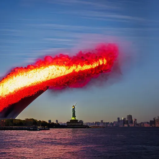 Prompt: disaster photography, of giant zeppelin crashing in to the statue of liberty, full color, insane explosion, 8k, hd, high resolution