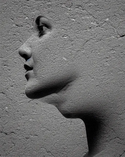 Image similar to a woman's face in profile, made of cracked concrete, in the style of the Dutch masters and Gregory Crewdson, dark and moody