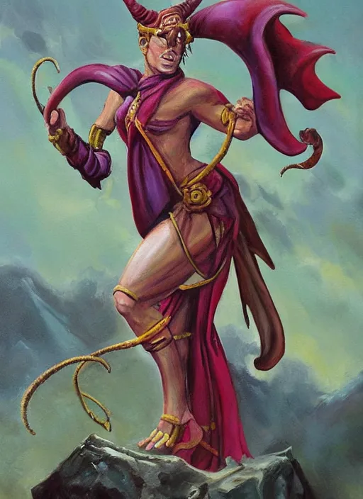 Image similar to a mighty female d & d tiefling monk painted by raymond swamland, award winning