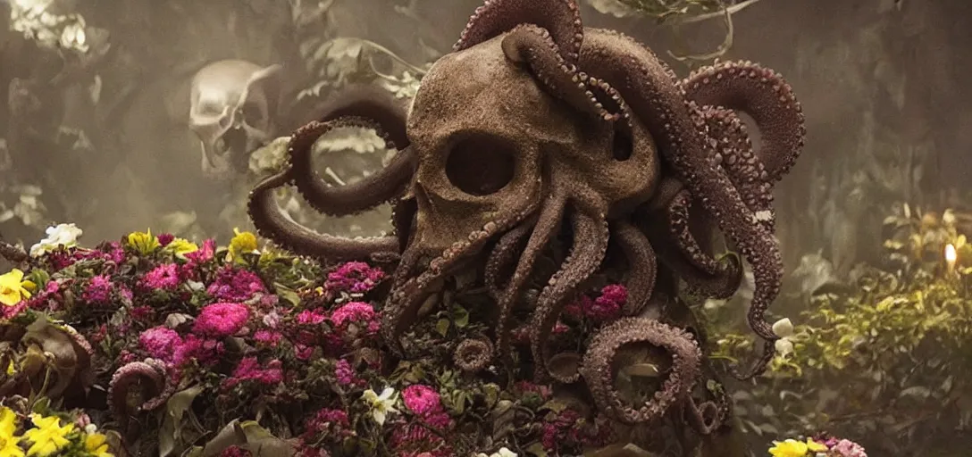 Prompt: an octopus in the shape of a skull surrounded by flowers at midnight!, foggy!, cinematic shot!, photo still from movie by denis villeneuve, wayne barlowe