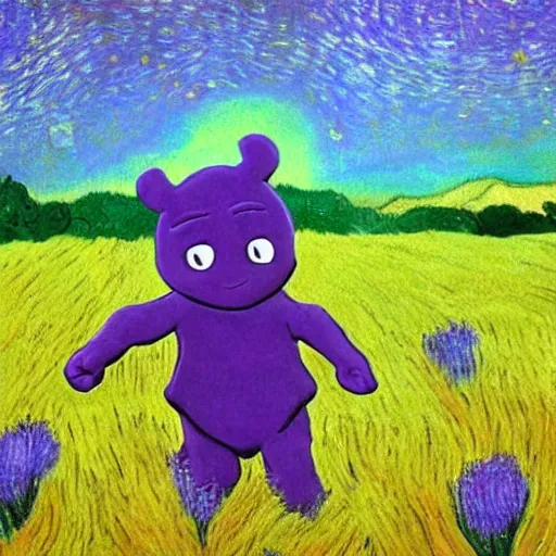 Prompt: tinky winky frolicking in a field in the style of van gogh