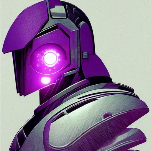 Image similar to self portrait of a robot raven with a beak. purple and black body armor, digital art, realistic, ultradetailed, concept art in the style of Cyberpunk 2077. art by Syd Mead and Moebius, trending on artstation, devianart, cgsociety