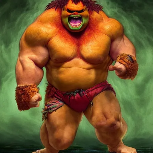 Image similar to chris farley, with green skin and orange body hair, as blanka from street fighter flexing, ultra realistic, concept art, intricate details, eerie, highly detailed, photorealistic, octane render, 8 k, unreal engine. art by artgerm and greg rutkowski and magali villeneuve and alphonse mucha