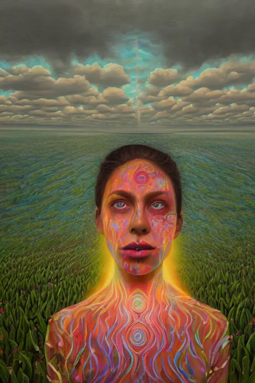 Image similar to acid tripping midsommer girl third eye open, chakra energy waves resonating from her body, ethereal aura, epic surrealism 8k oil painting, portrait, perspective, high definition, post modernist layering, by Sean Yoro, Casey Weldon