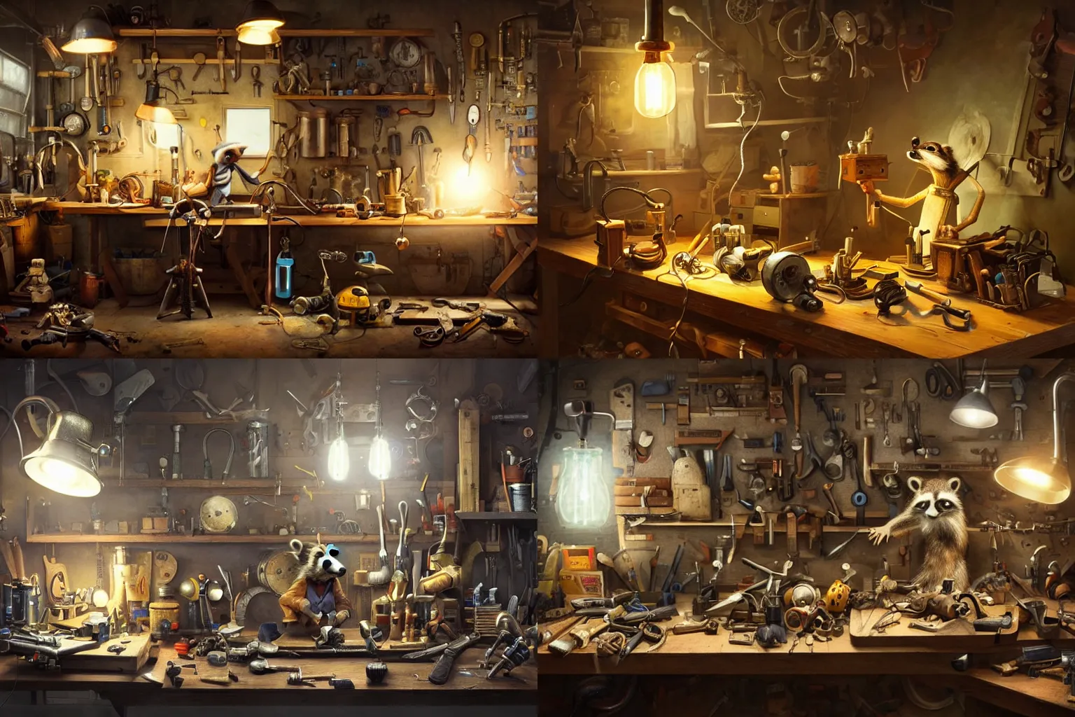 Prompt: the tinkerer's workbench filled with tools and contraptions, anthropomorphic raccoon tinkerer tinkering, single light source, moody lighting, by sargent and lecouffe-deharme, warm lighting, concept art, expressive, artstation