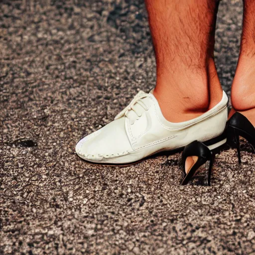 Image similar to a tiny man living inside a dirty womens shoe