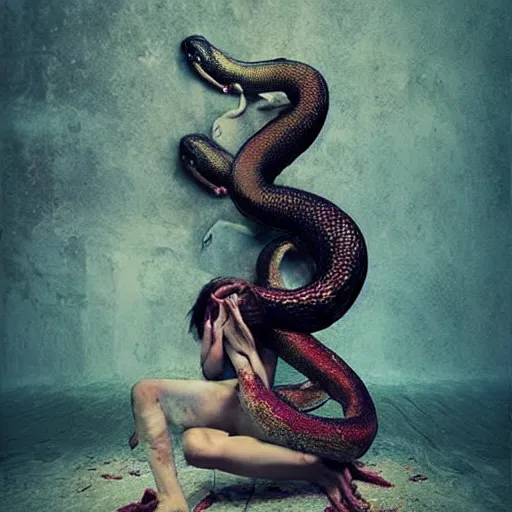 Image similar to kaleidoscopic, manmade by reylia slaby formicapunk. a beautiful installation art of a snake eating its own tail that seems to go on forever.