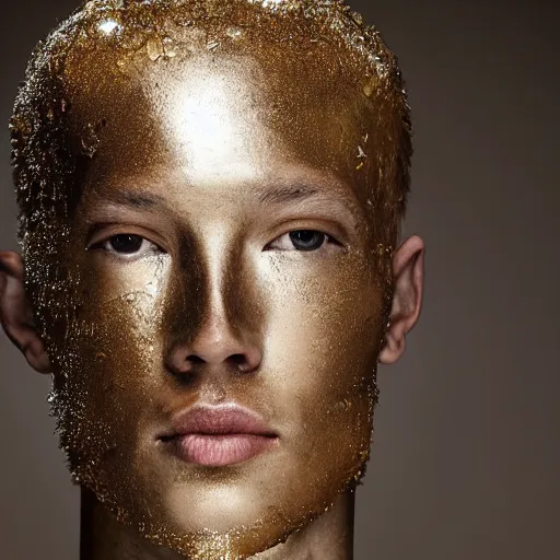 Prompt: a portrait of a beautiful young male wearing an alexander mcqueen armor made of honey , photographed by andrew thomas huang, artistic