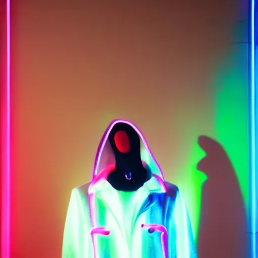 Image similar to stylish goat in a white jacket, retrowave, neon light,