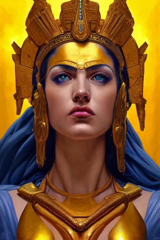 Image similar to The angry Godess Hera, portrait, highly detailed, digital painting, artstation, concept art, smooth, detailed rusty armor, sharp focus, beautiful face, symmetric face, dystopian, cinematic, videogame cover art, illustration, fantasy, blue and yellow color theme, art by Artgerm and Greg Rutkowski and Alphonse Mucha