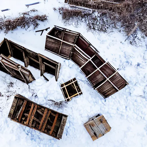 Image similar to abandoned mine and crates full of supplies buried in snow::2 snowy region on coast of ever snow, aerial drone perspective, top down view ::1 sattelite image of snow from 250 meters height, some coal boxes and barrels are covered in snow, old mine remains :: 1 post apocalyptic, snowstorm ::5