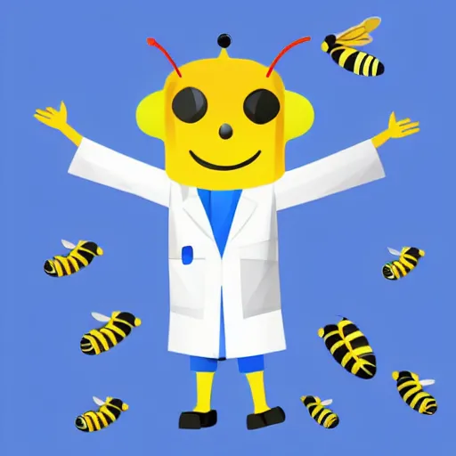 Image similar to a bee who is a scientist in a lab coat, colored pencils, low poly render, vector art, flat colors, by eric carle, icon