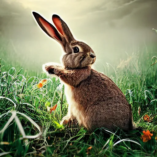 Prompt: rabbit robot in the beautiful nature, national geographic photo, trending on Artstation