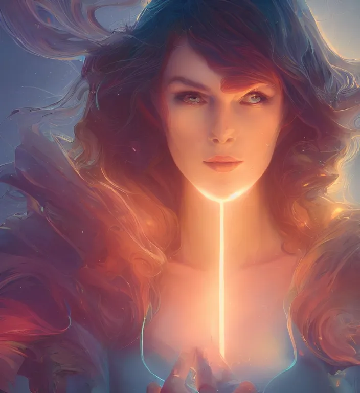 Image similar to centered waist up portrait photography an angel + glowing outlines, bokeh + DOF + 8k, photorealistic + rendered in unreal engine + composition by Peter Mohrbacher + line work by Dan Mumford , ultra realistic + backlit + strong rimlight, sunset + HDRI, HD, Photoreal