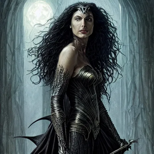 Image similar to head and shoulders portrait of an evil, black - skinned night hag portrayed by gal gadot, d & d, fantasy, luis royo, magali villeneuve, donato giancola, wlop, krenz cushart