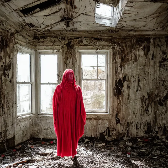 Prompt: a woman wearing a hooded cloak made of zinnias and barbed wire, in a derelict house, by Petra Collins, natural light, detailed face, CANON Eos C300, ƒ1.8, 35mm, 8K, medium-format print