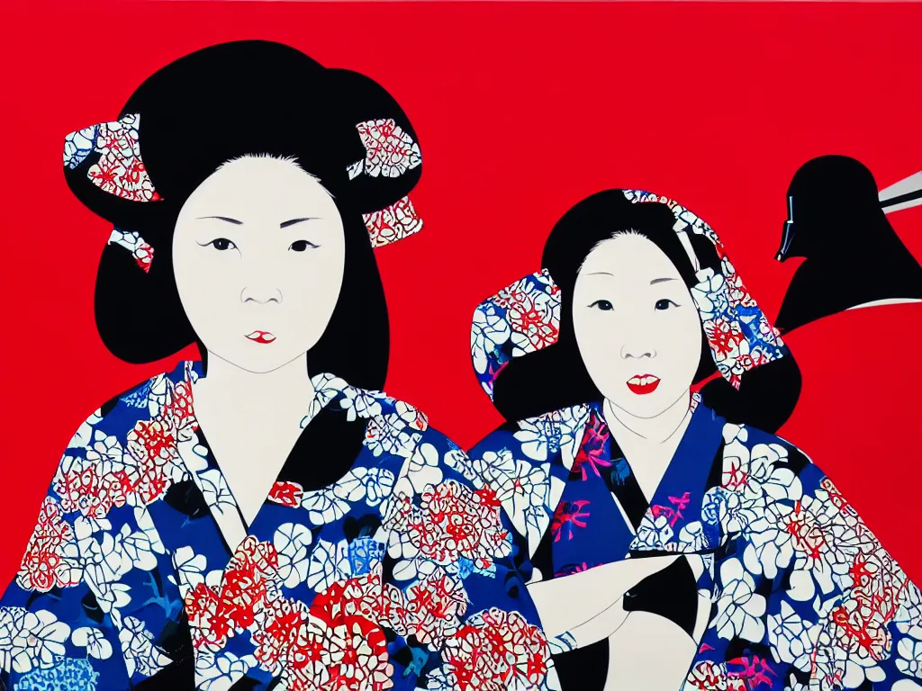 Image similar to hyperrealism composition of the detailed single woman in a japanese kimono sitting at a extremely detailed poker table with darth vader, fireworks, river on the background, pop - art style, jacky tsai style, andy warhol style, acrylic on canvas