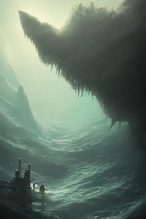 Prompt: Facing the monster of the deeps, digital art, dark atmosphere, ocean by Marby Kwong, (((((((Makoto Shinkai Raphael Lacoste Martin Deschambault Finnian MacManus ArtStationhq IAMAG