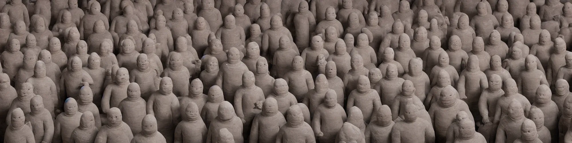 Prompt: hundreds of humans. A sea of humans. interconnected flesh. Melting clay golem humans. Dungeons&Dragons: Lemure. Lemure creature. Demonic scene. Many humans intertwined and woven together. Michelin Man puffy. Bodies and forms amesh. Terracotta army. Extremely unsettling artwork. Clay sculpture by Alberto Giacometti.