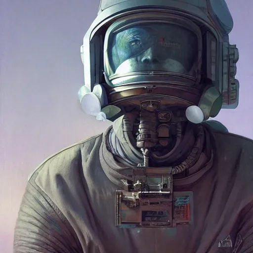 Prompt: a concept art portrait of masked diesel punk astronaut on the art deco streets of the big city, artstation, award - winning realistic sci - fi concept art by jim burns and greg rutkowski, beksinski, a realism masterpiece, muted color palette, james gilleard, bruegel, alphonse mucha, and yoshitaka amano