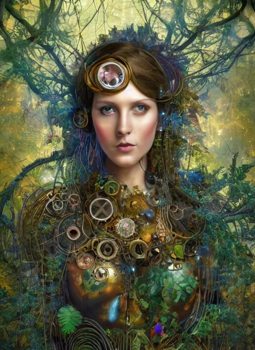 Image similar to oil painting of android woman covered by plants and crystals in the mystical forest, beautiful symmetrical face, renaissance style, wires and cords, golden steampunk, retro futurism, sci - fi, filigree jewellery, baroque, cinematic light, mystical shadows, 8 k