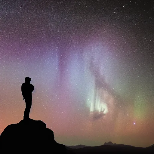 Prompt: 4K Epic Ultra HD detailed award-winning wallpaper silhouette of lonely man standing on rock looking at huge vast sky universe Milky Way aurora