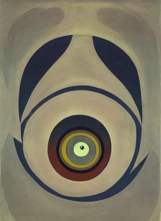 Image similar to abstract alien eyeball with minimalistic and aesthetic geometric shapes and patterns, muted color palette, symmetric, symbolist, abstract, spiritual art painting by Hilma At Klint