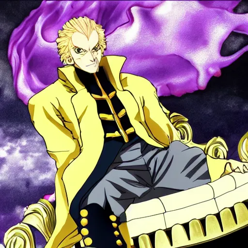 Prompt: dio from jojo's bizarre adventure sitting on a throne, stardust crusaders still