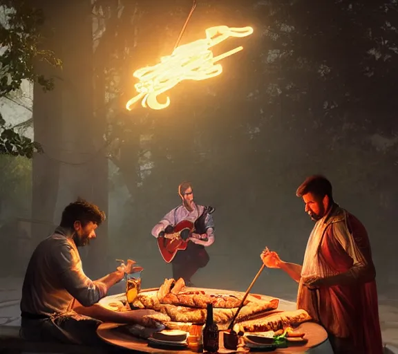 Prompt: three guys in night at the yard speaking while grilling kebabs and one guy playing guitar, volumetric lighting, glowing lights, 4k, octane, digital painting, artstation, concept art, sharp focus, illustration, cinematic film still, art by artgerm and greg rutkowski and alphonse mucha ,