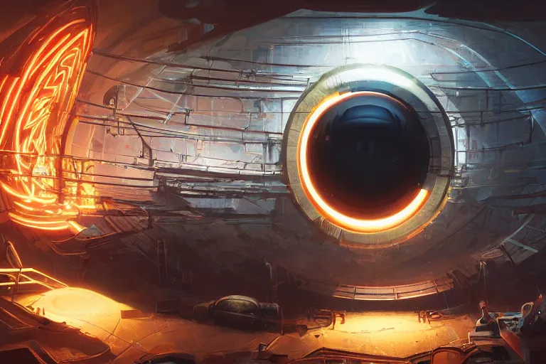 Image similar to portrait of a giant mechanical eye, cinematic lighting, abstract, glow, wlop, artgerm, dan mumford, artstation, octane render