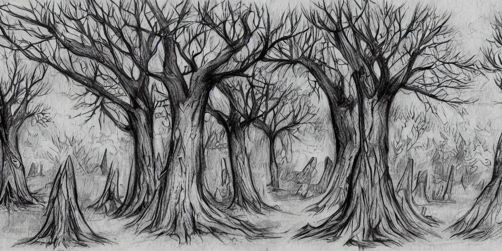 Image similar to graveyard of trees, Manga art sketch