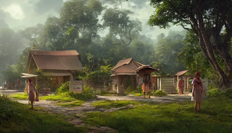 Image similar to very very small kerala village, by ilya kuvshinov, rtx rendering, octane render 1 2 8 k, maya, extreme high intricate details by tom bagshaw, medium shot, close up shot, composition by sana takeda, lighting by greg rutkowski