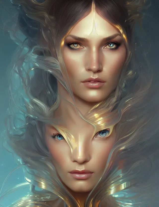 Image similar to futuristic woman portrait, sci-fi, amber eyes, face, long hair, fantasy, intricate, elegant, highly detailed, digital painting, artstation, concept art, smooth, sharp focus, illustration, art by artgerm and greg rutkowski and alphonse mucha