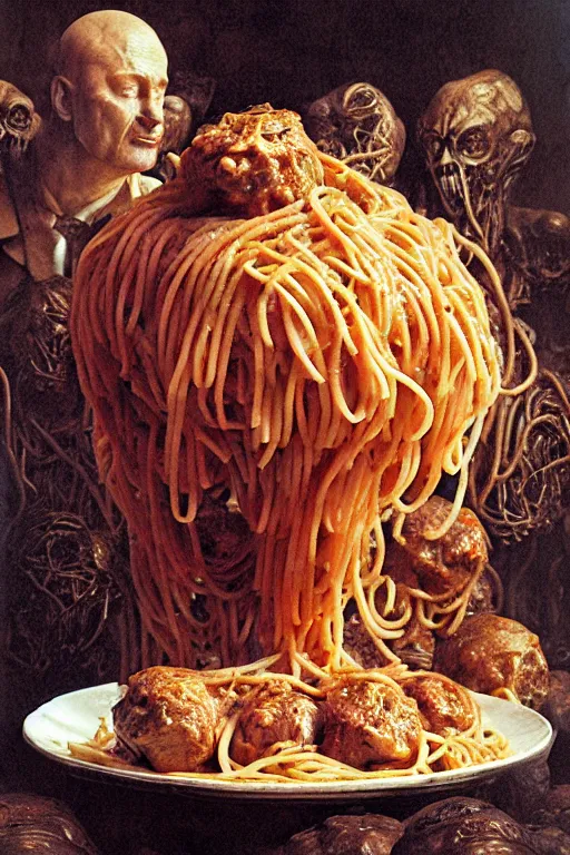 Image similar to plate of spaghetti and meatballs in the style of wayne barlowe, gustav moreau, goward, bussiere, roberto ferri, santiago caruso, luis ricardo falero, dali