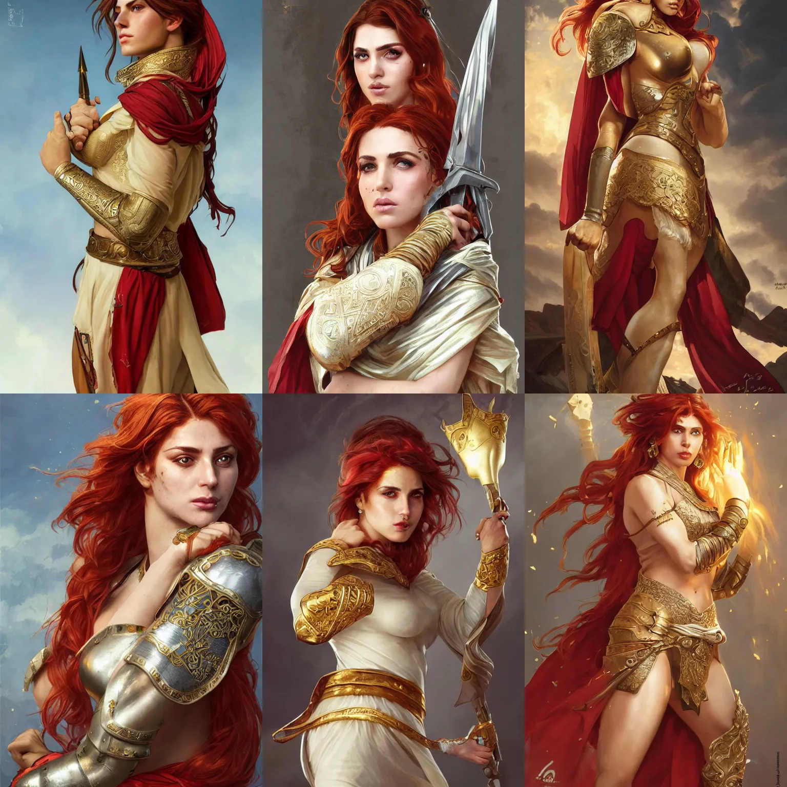 Prompt: portrait of strong iranian woman wearing a toga. golden - red hair, smooth silver armour, deep focus d & d fantasy, elegant porcelain skin highlights, freckles, by artgerm and greg rutkowski and alphonse mucha