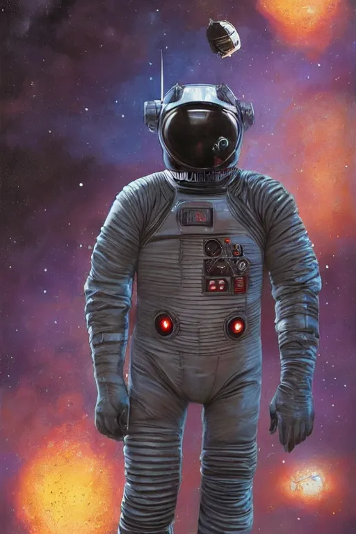 Image similar to portrait of willem defoe as a fat man wearing leather spacesuit, nebula space background and spaceship, illustration by normal rockwell, jacob collins, artstation character art, john berkey, greg rutkowski