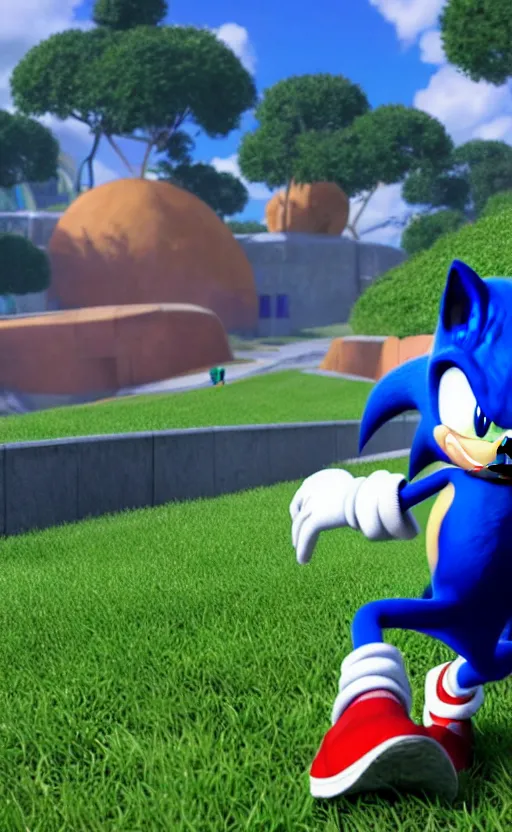 Prompt: super super super epic cinematic shot of sonic the hedgehog, sonic unleashed, apotos day zone, 8k miyazaki anime scene, motion blur, red shoes, green eyes, ++++++ super super super dynamic action running, concept photos, dynamic lighting, dynamic shaders, sunny day, amazing quality