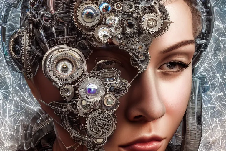 Prompt: beautiful frontal face portrait of a cute queen female cyborg, 150mm, chromatic aberration, Mandelbrot fractal, symmetric, steampunk, silver mechanical, intricate, elegant, highly detailed, ornate, ornament, sculpture, elegant , luxury, beautifully lit, ray trace, octane render in the style of peter gric and Alex grey,8K artistic photography, photo-realistic art station