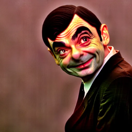 Prompt: mr. bean as a male pinup. movie still. cinematic lighting.