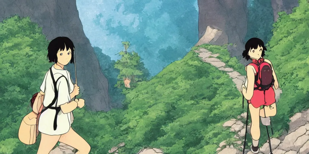 Prompt: woman with dark hair hiking up a fantastic mountain by studio ghibli