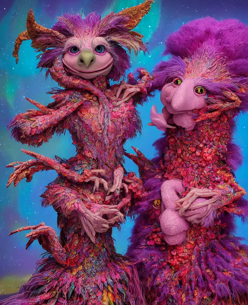 Prompt: hyper detailed 3d render like a Oil painting - kawaii portrait of two Aurora (a beautiful skeksis muppet fae princess protective playful expressive acrobatic from dark crystal that looks like Anya Taylor-Joy) seen red carpet photoshoot in UVIVF posing in scaly dress to Eat of the Strangling network of yellowcake aerochrome and milky Fruit and His delicate Hands hold of gossamer polyp blossoms bring iridescent fungal flowers whose spores black the foolish stars by Jacek Yerka, Ilya Kuvshinov, Mariusz Lewandowski, Houdini algorithmic generative render, golen ratio, Abstract brush strokes, Masterpiece, Edward Hopper and James Gilleard, Zdzislaw Beksinski, Mark Ryden, Wolfgang Lettl, hints of Yayoi Kasuma and Dr. Seuss, octane render, 8k