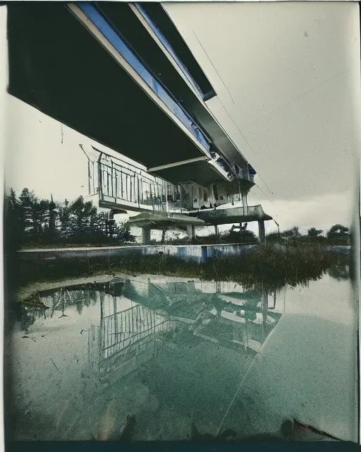 Image similar to Abandoned futuristic 70s structures floating in the water, two point perspective, photograph, polaroid, dilapidated look, Grainy, expired film