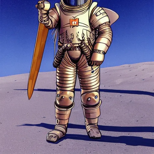 Prompt: a crusader knight in middle age armor on the moon in the style of no man's sky, styles : cloisonnism, syd mead, moebius