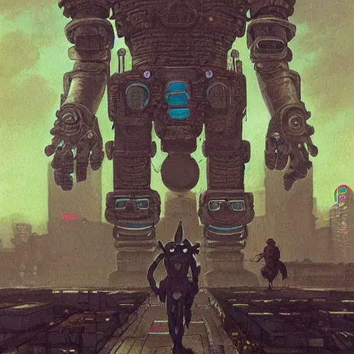 Image similar to mayan cyberpunk robot golem striding through streets of city, perfectly clear face, shadow of the colossus screenshot by j. c. leyendecker, simon stalenhag, studio ghibli, and beksinski