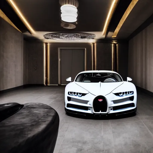 Image similar to High-quality photography of a Bugatti Chiron in an livingroom on dining table, shot on iPhone