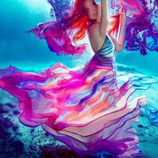 Image similar to beautiful woman with gorgeous eyes and high cheekbones dancing underwater wearing a flowing dress made of blue, magenta, and yellow seaweed, delicate coral sea bottom, swirling silver fish, swirling smoke shapes, octane render, caustics lighting from above, cinematic, hyperdetailed